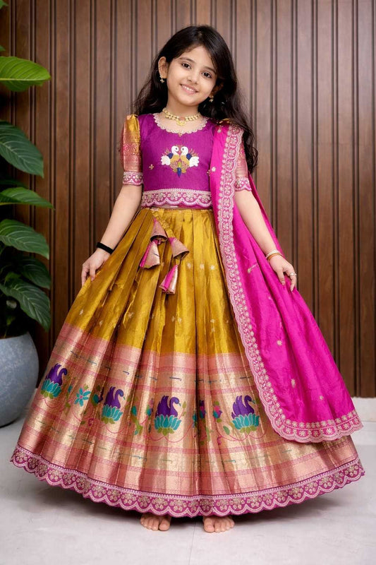 Choli Paithani Silk Kids Lehenga in Mustard