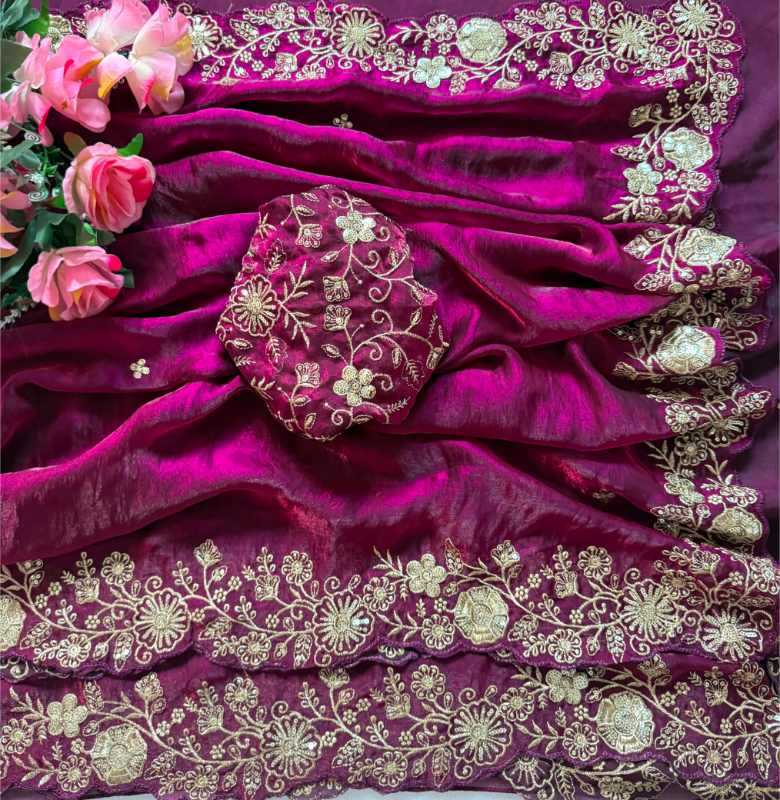 Space Silk Sequence Saree in Rani