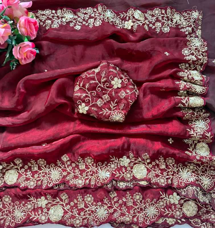 Space Silk Sequence Saree in Rani