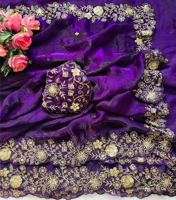 Space Silk Sequence Saree in Rani