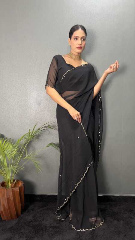 Faux Georgette Designer Saree in Black