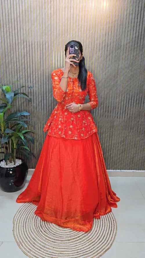 Space Silk Designer Lehenga in Orange