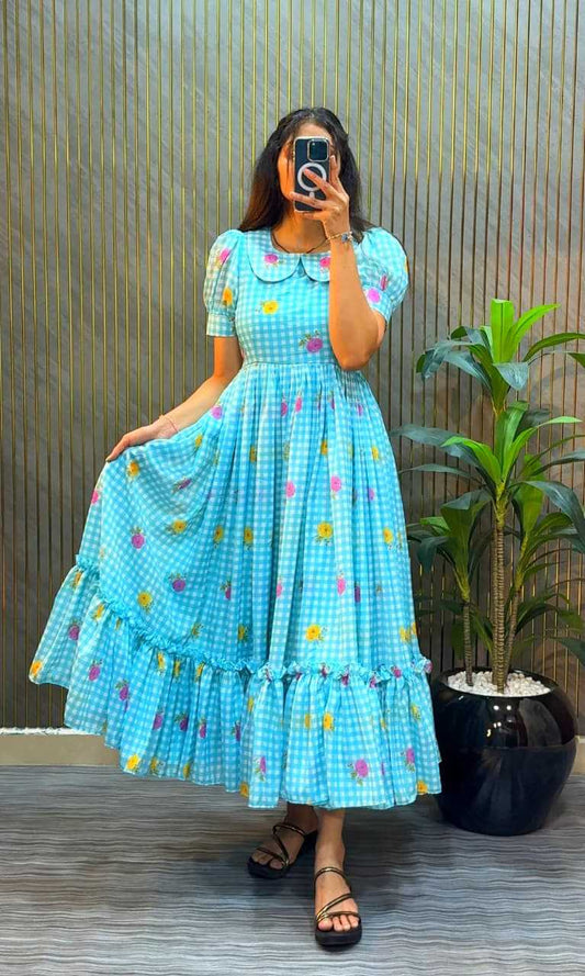 Chanderi Cotton Designer Dress in Sky Blue
