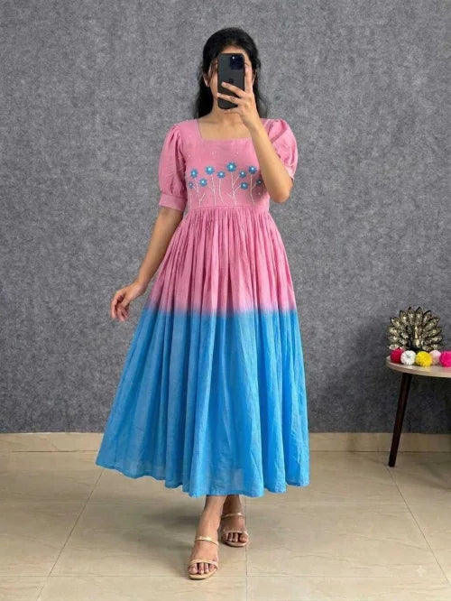 Cotton Embroidery Gown in Pink