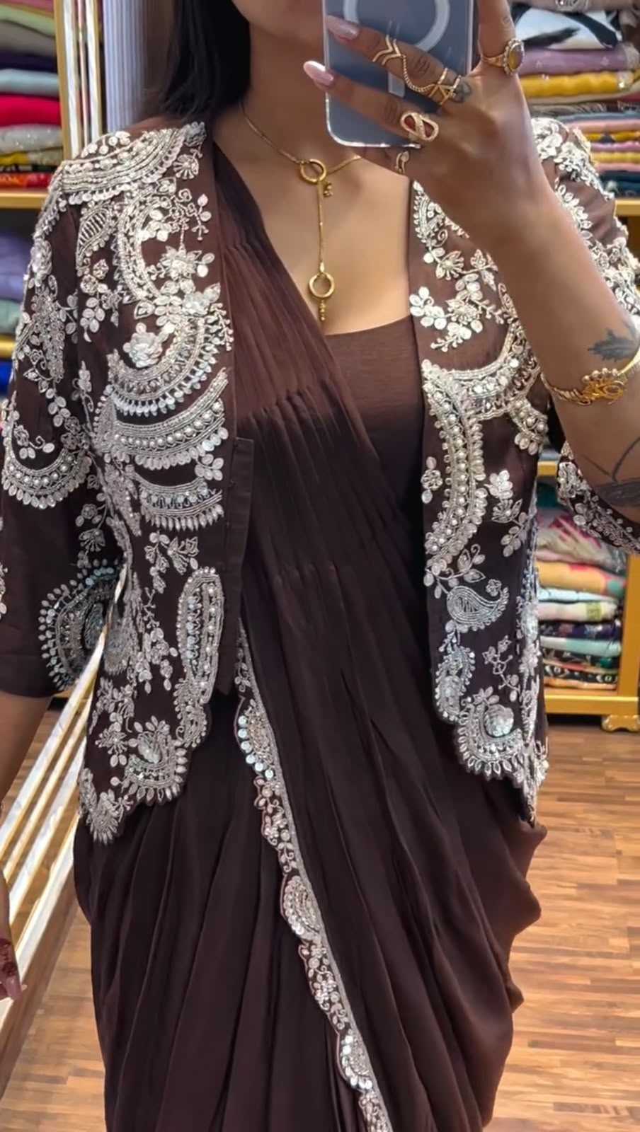 Chinon Designer Saree in Mehndi