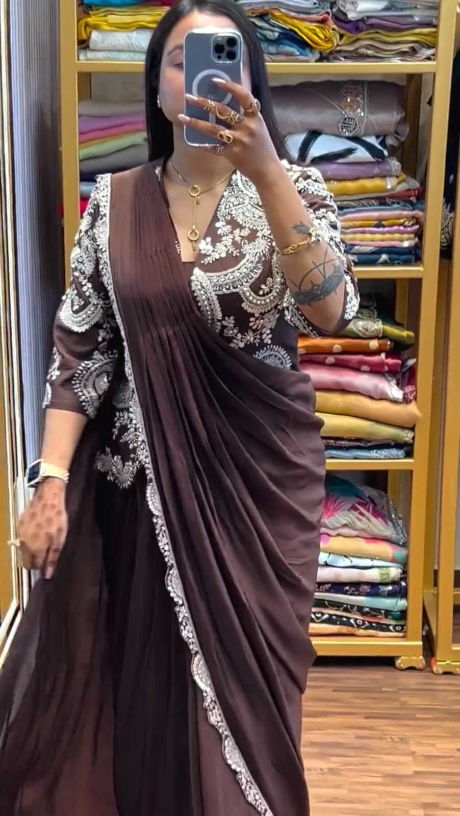 Chinon Designer Saree in Mehndi