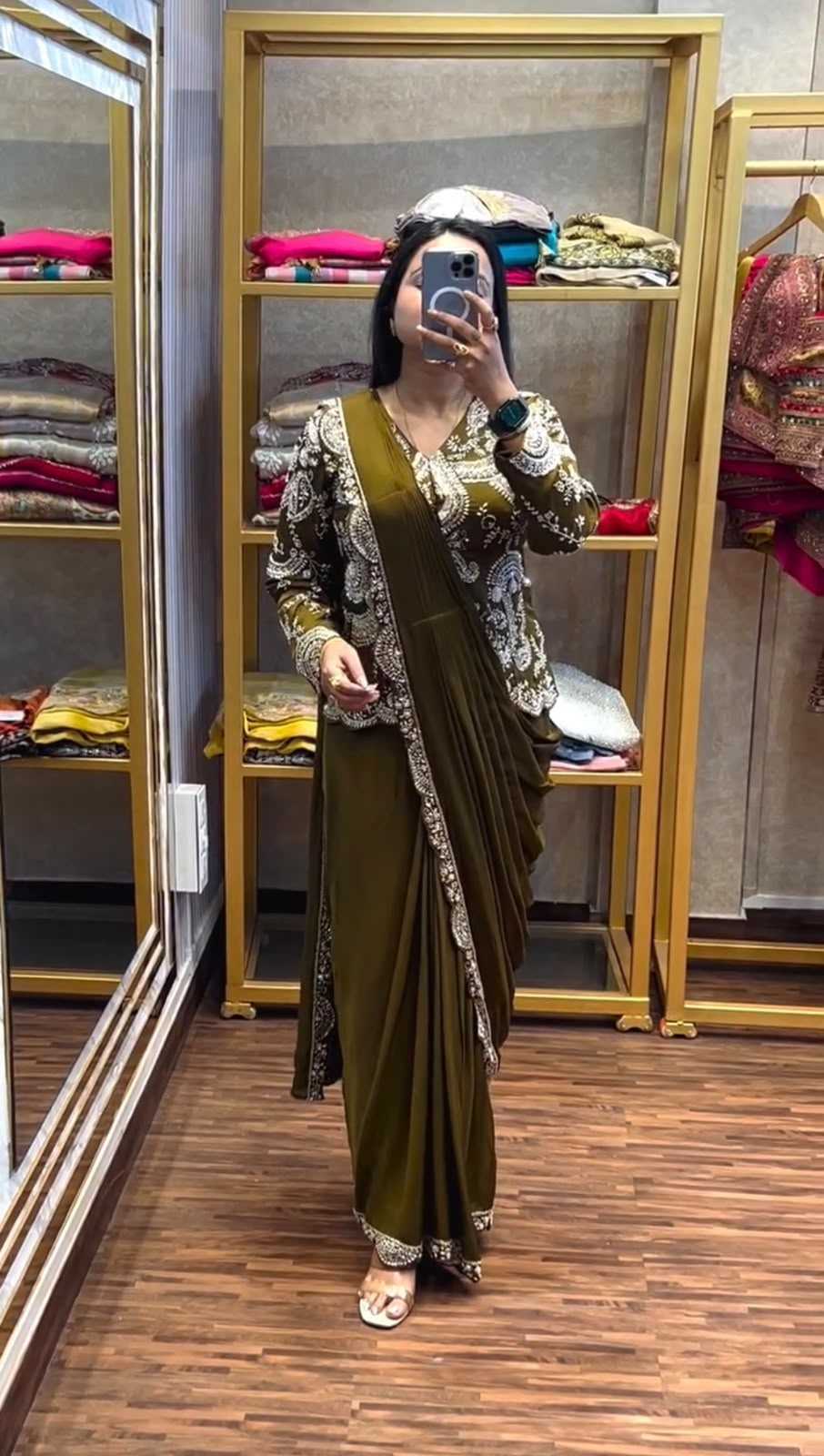Chinon Designer Saree in Mehndi