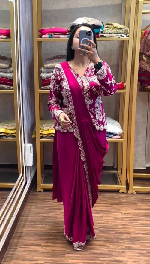 Chinon Designer Saree in Mehndi