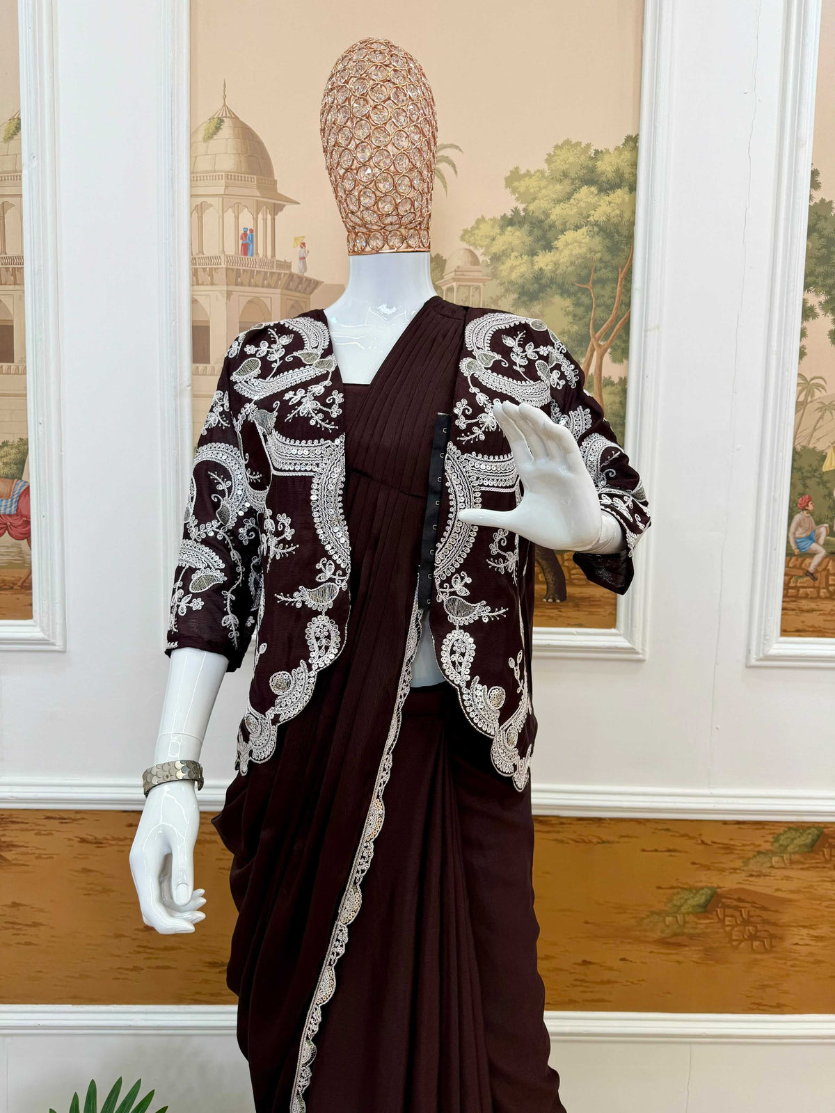 Chinon Designer Saree in Mehndi