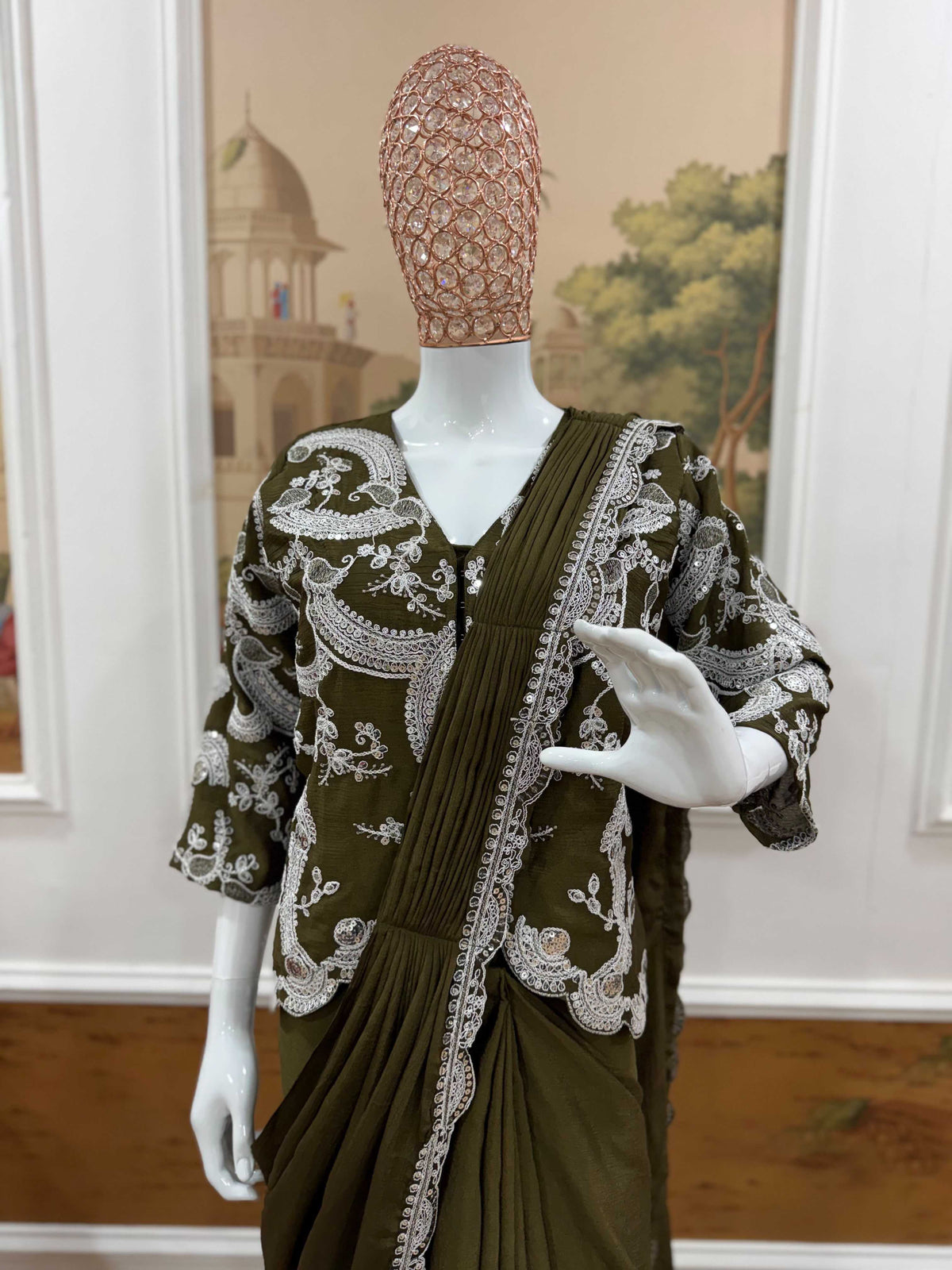 Chinon Designer Saree in Mehndi