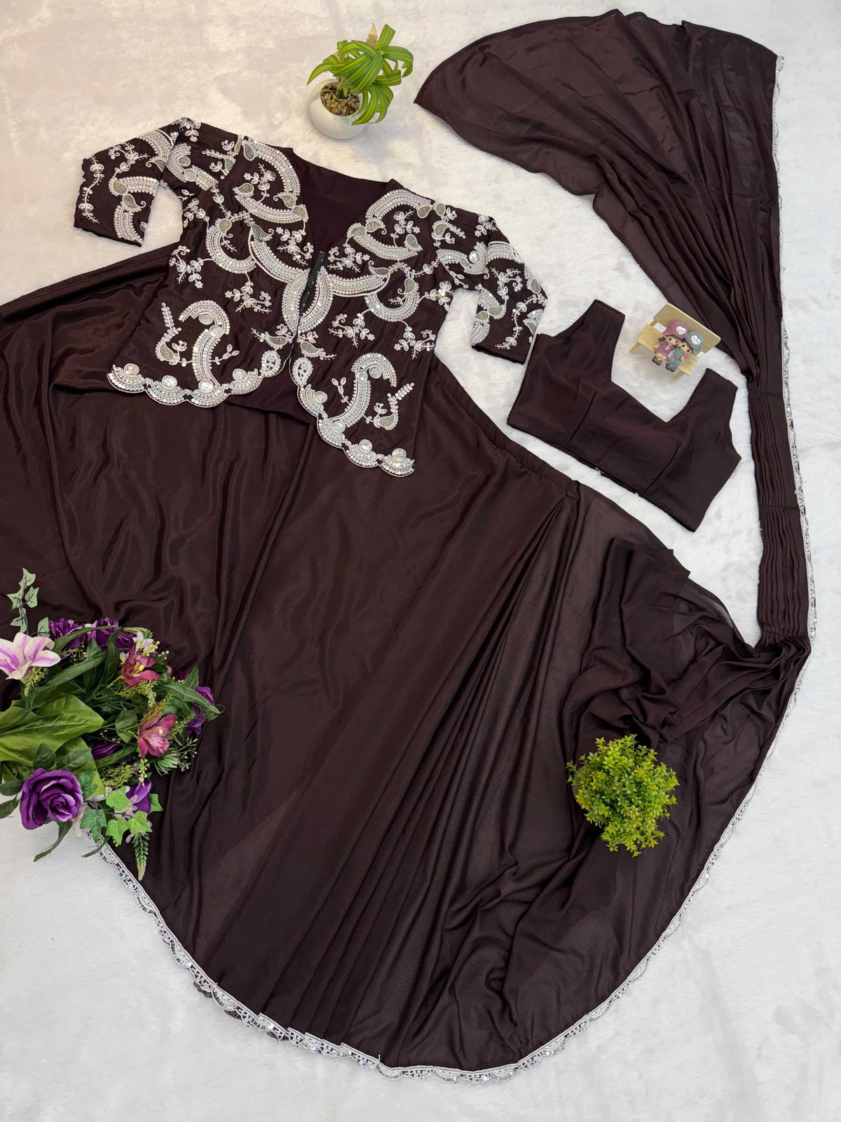 Chinon Designer Saree in Mehndi