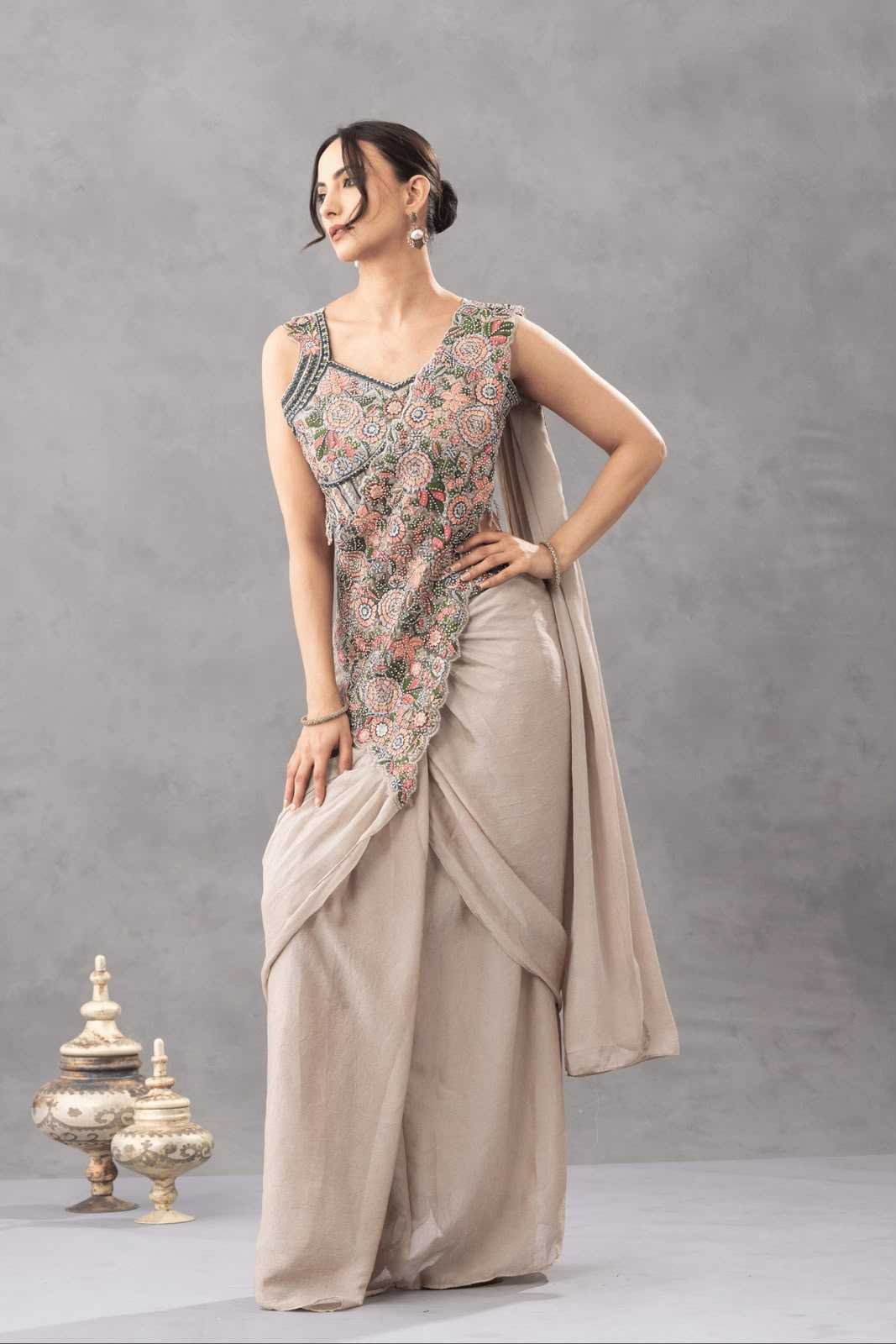 Chinon Designer Saree in Beige