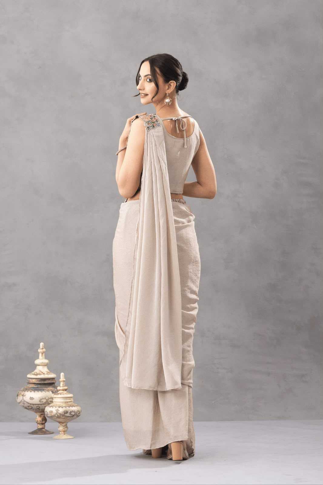 Chinon Designer Saree in Beige