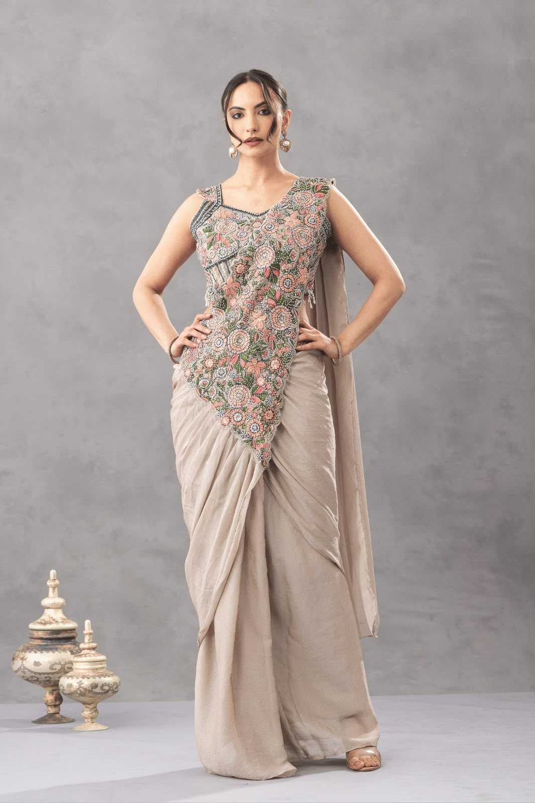 Chinon Designer Saree in Beige
