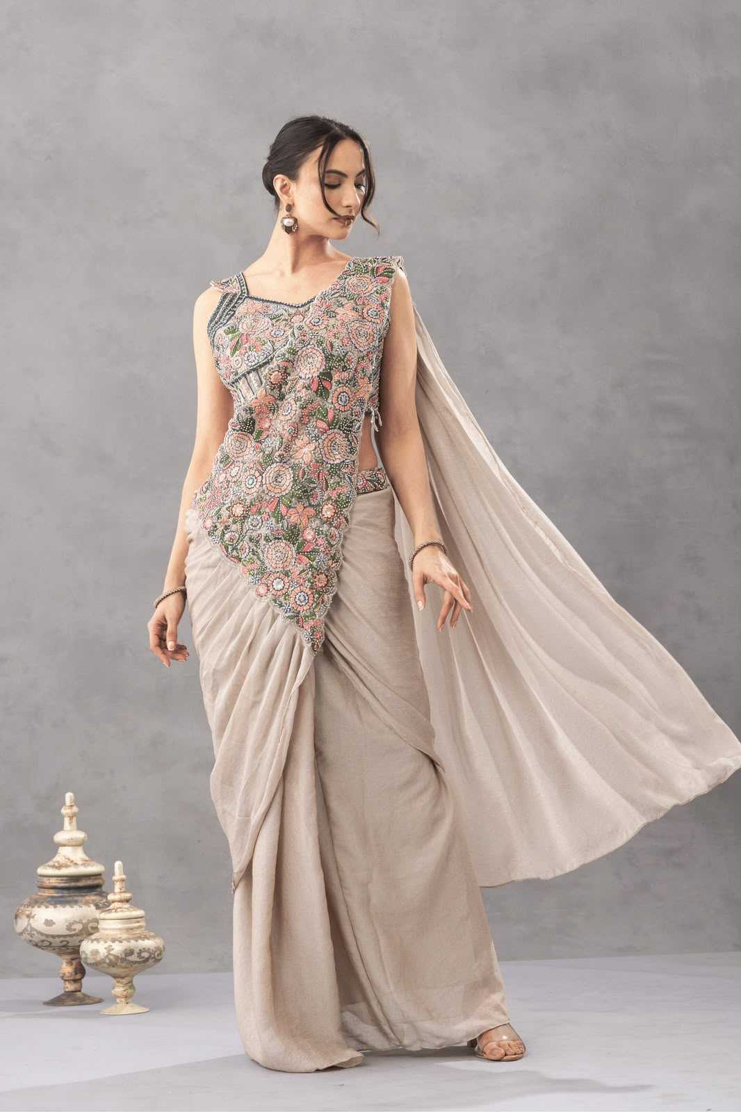 Chinon Designer Saree in Beige