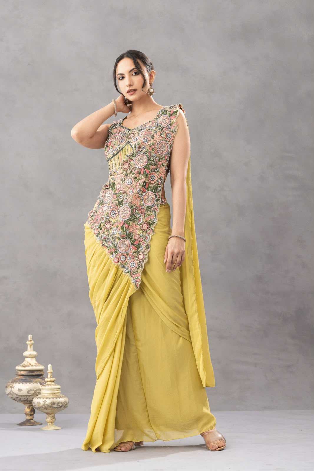 Chinon Designer Saree in Beige