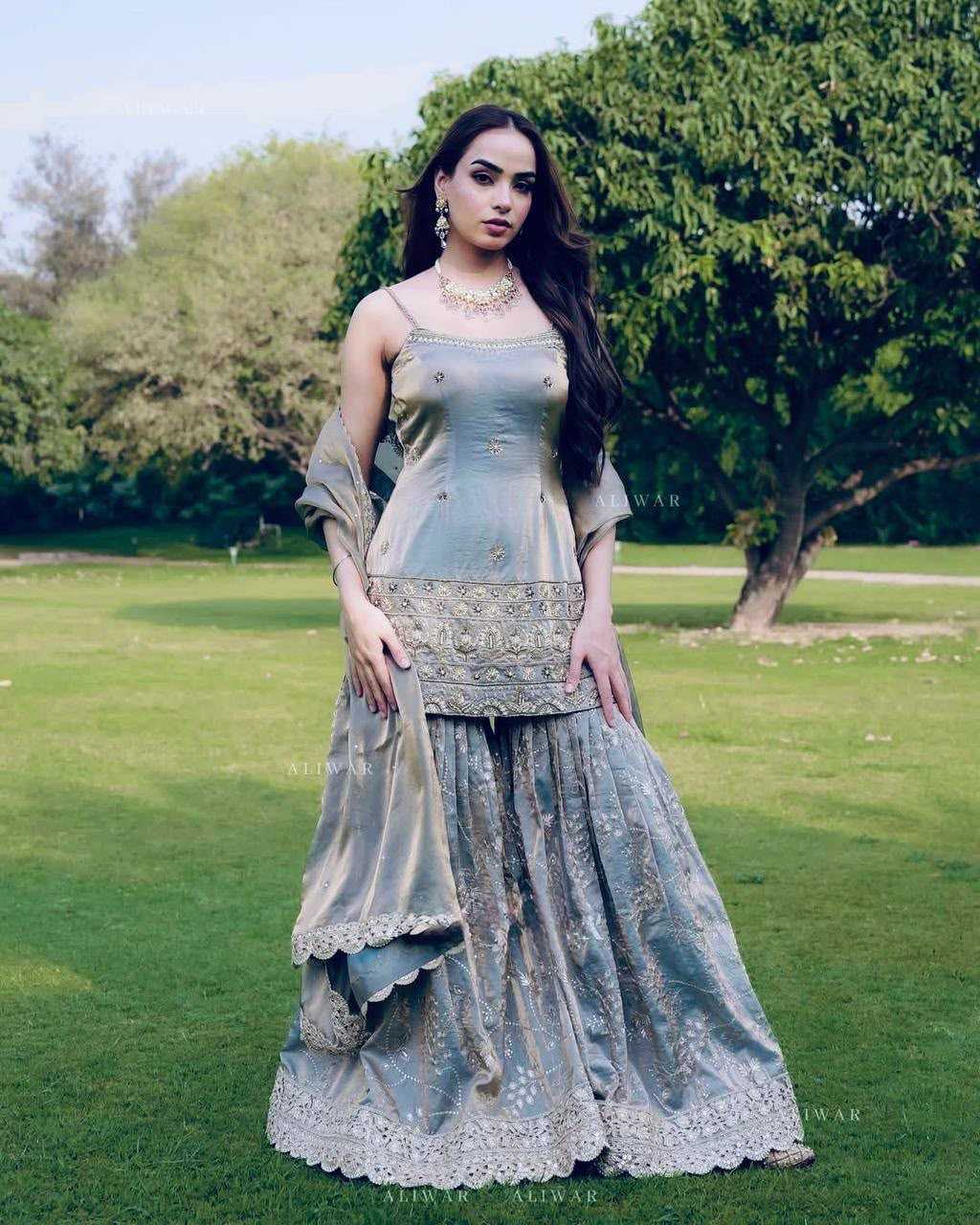 Organza Silk Embroidery Suit in Bright Gray