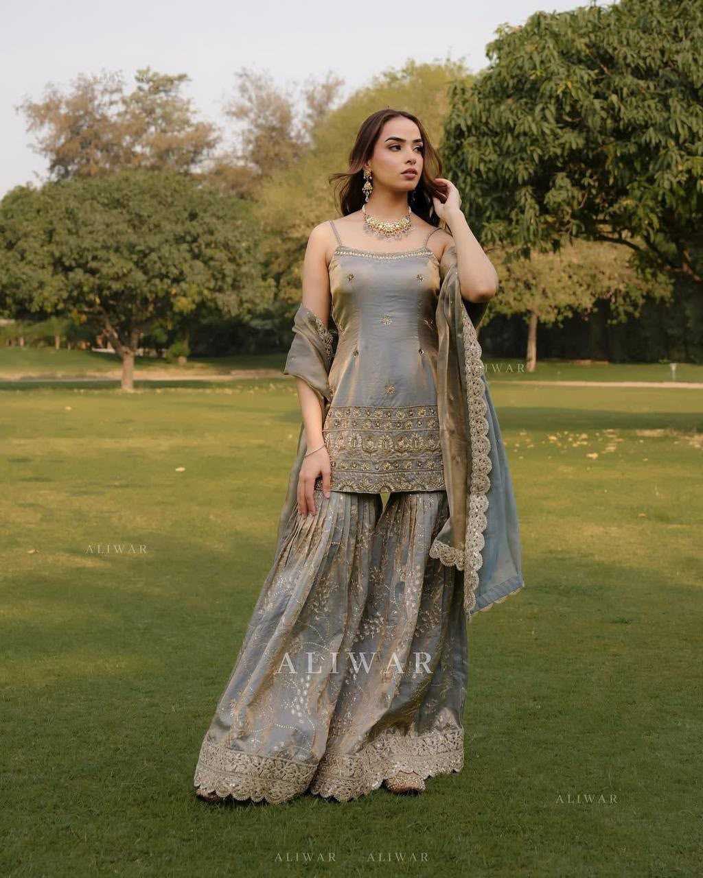 Organza Silk Embroidery Suit in Bright Gray