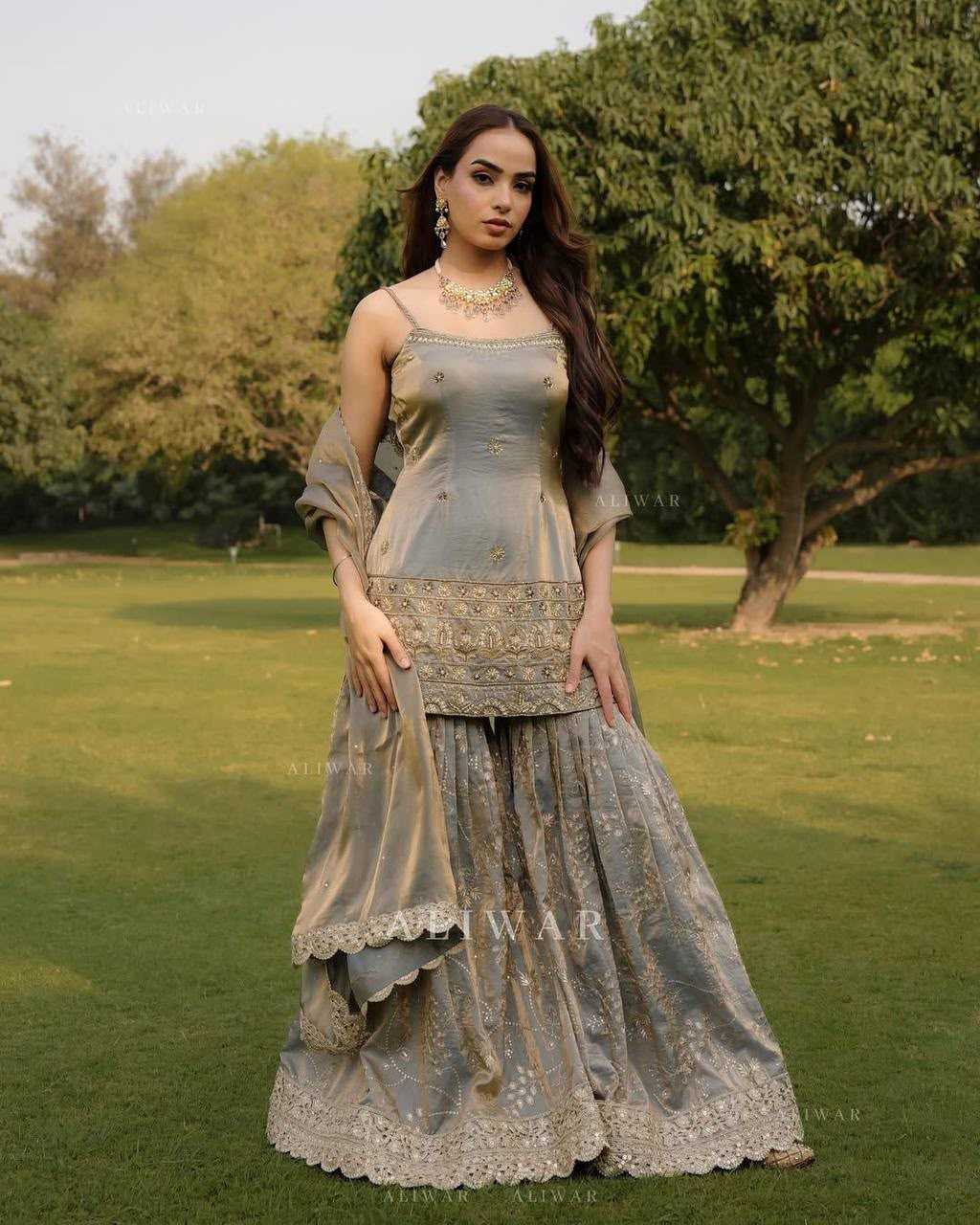 Organza Silk Embroidery Suit in Bright Gray