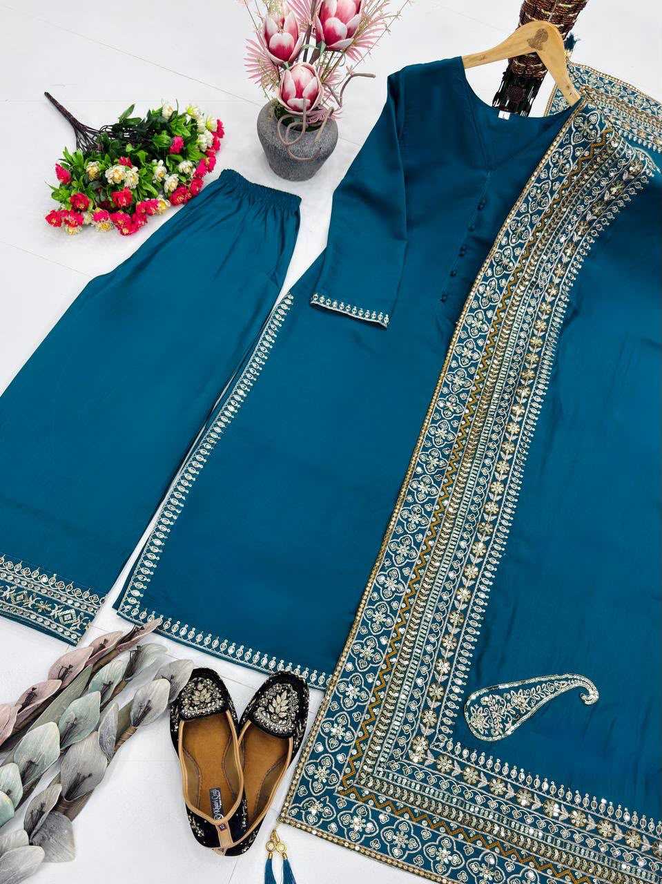 Heavy Roman Silk Embroidery Suit in Wine