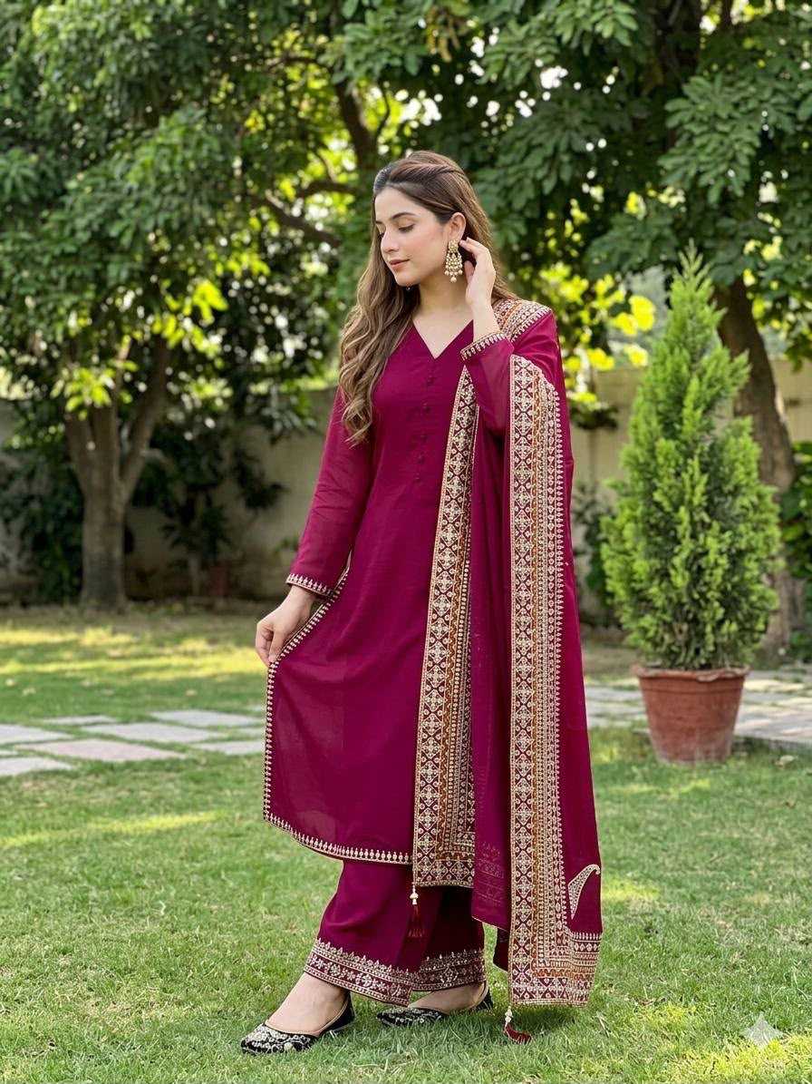 Heavy Roman Silk Embroidery Suit in Wine