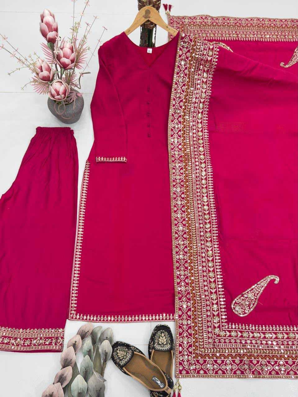 Heavy Roman Silk Embroidery Suit in Wine