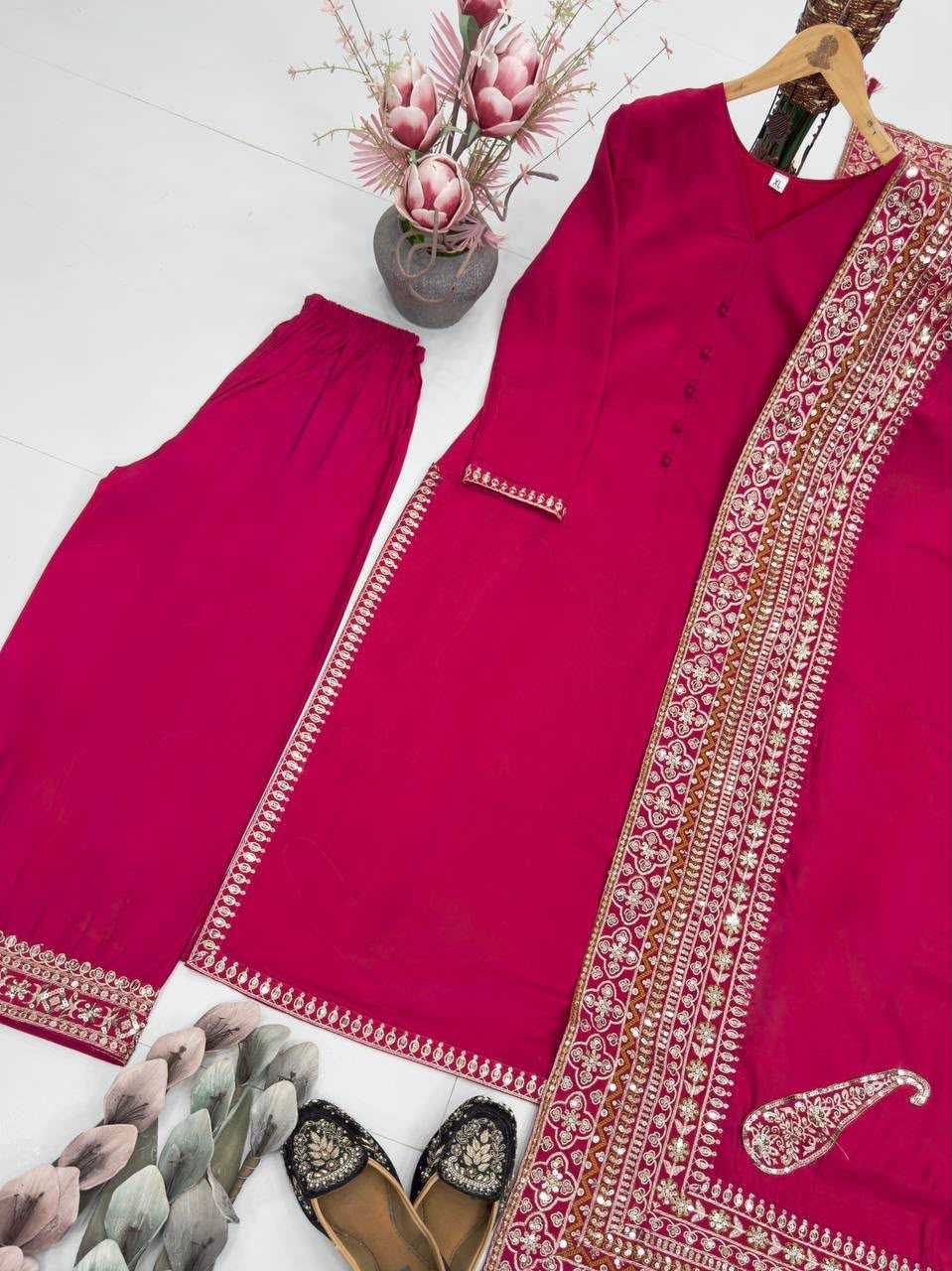 Heavy Roman Silk Embroidery Suit in Wine