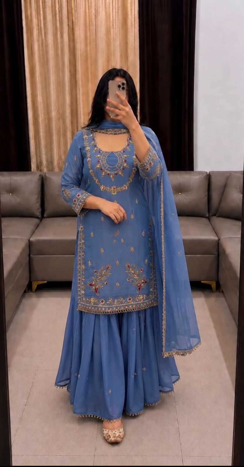 Faux Georgette Embroidery Suit in Orange