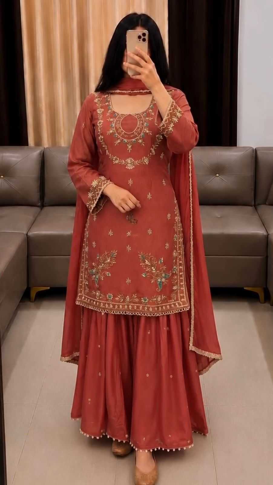 Faux Georgette Embroidery Suit in Orange