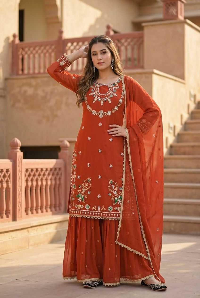 Faux Georgette Embroidery Suit in Orange