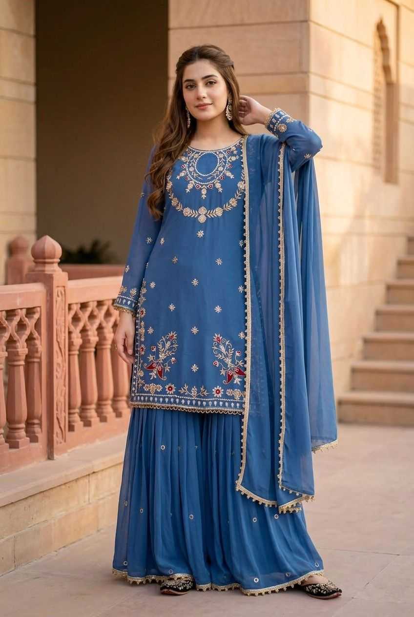 Faux Georgette Embroidery Suit in Orange