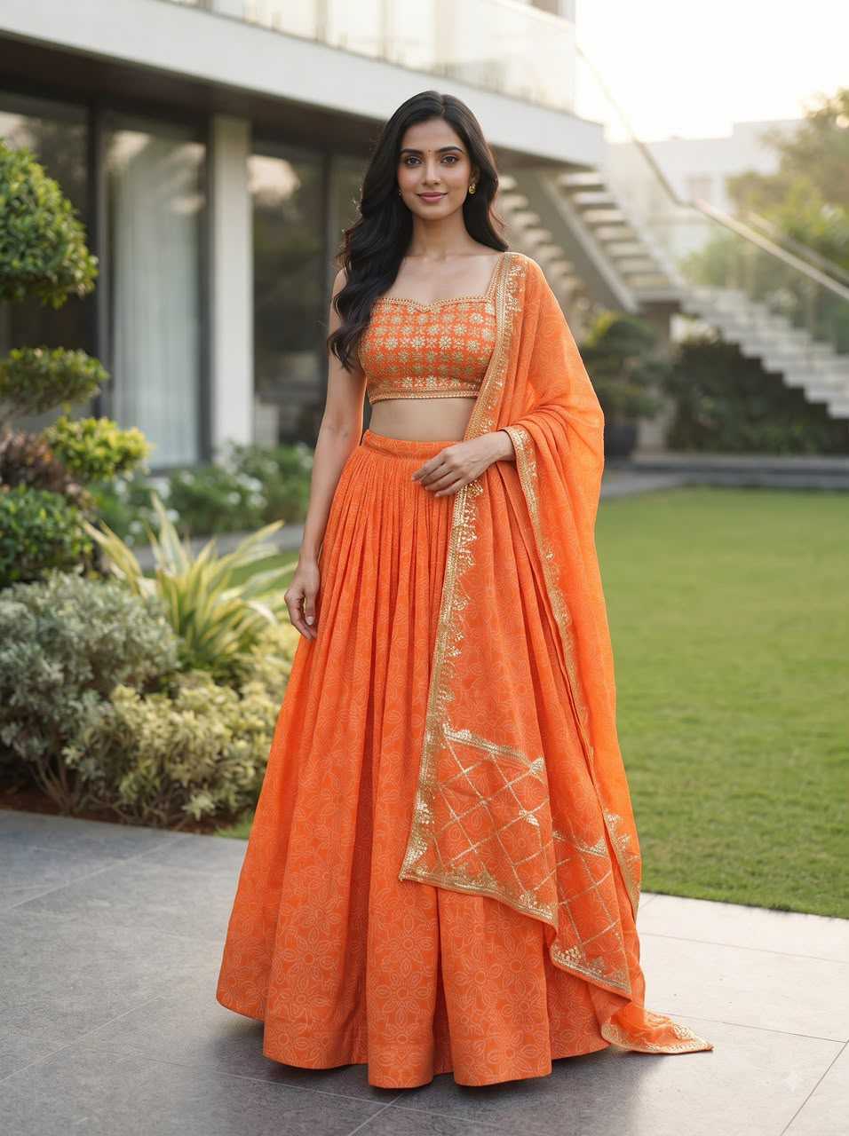 Faux Georgette Printed Lehenga in Sky Blue