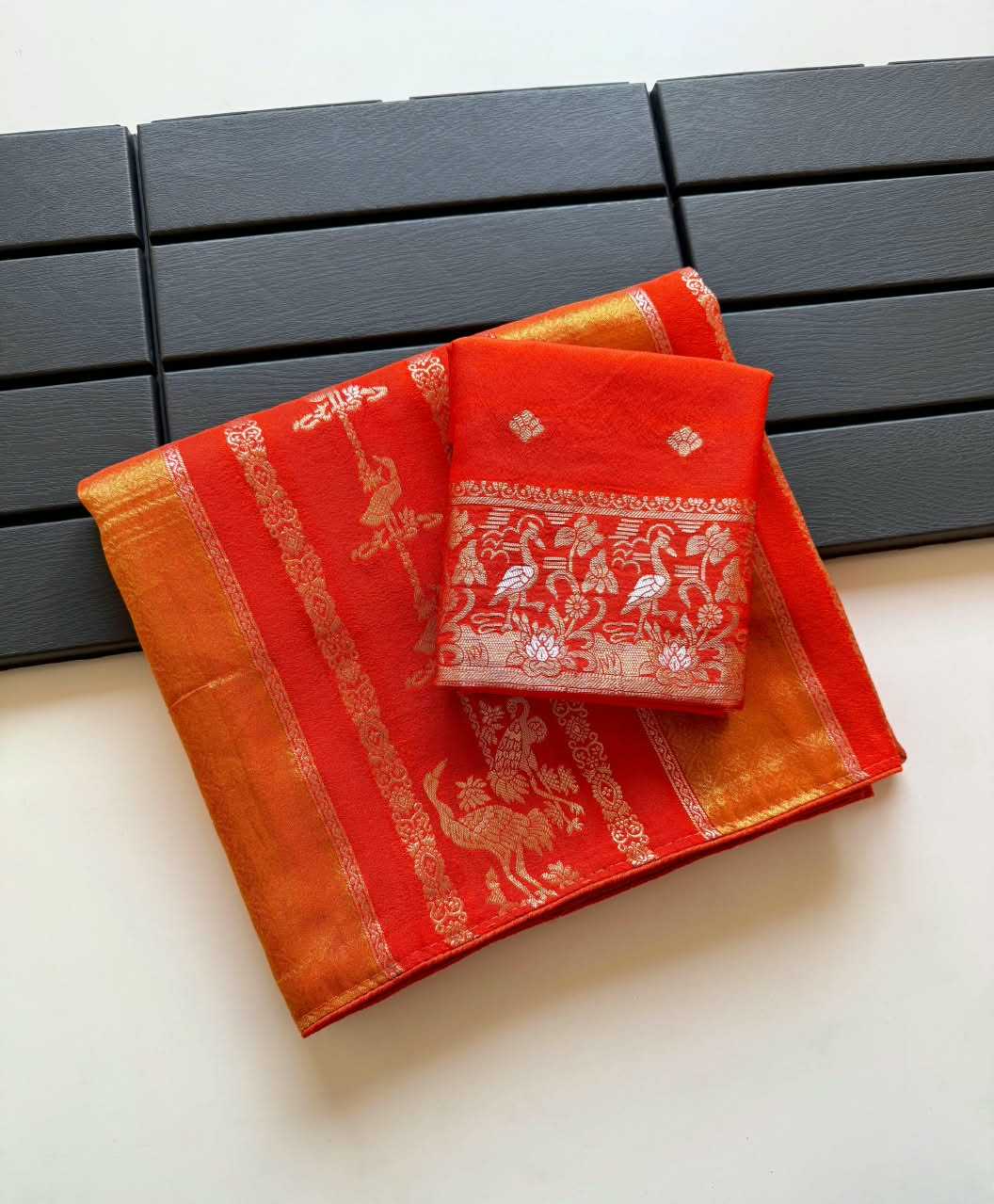 Nylon Designer Saree in Rani