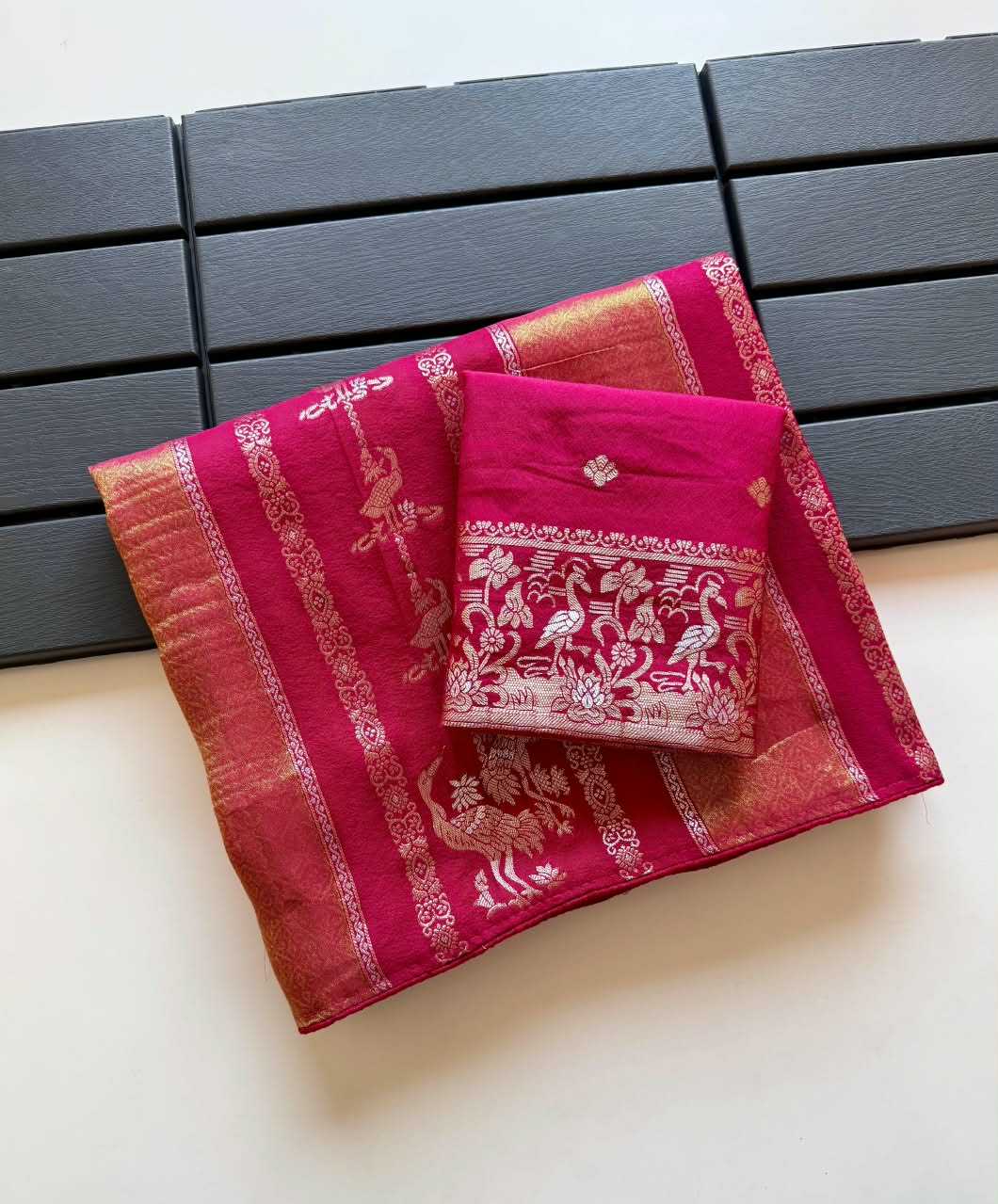 Nylon Designer Saree in Rani