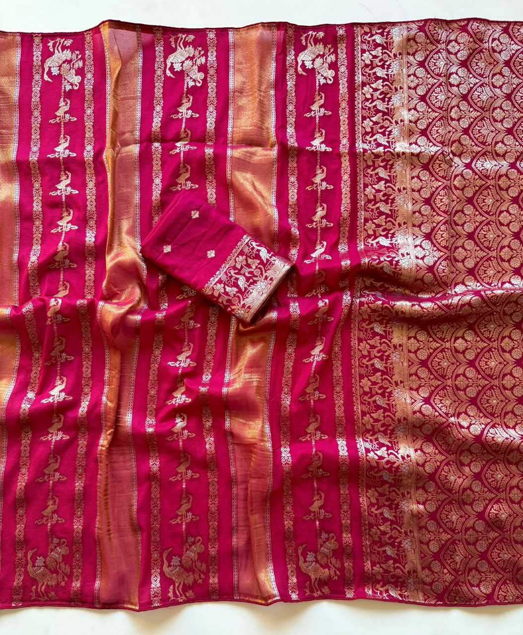 Nylon Designer Saree in Rani