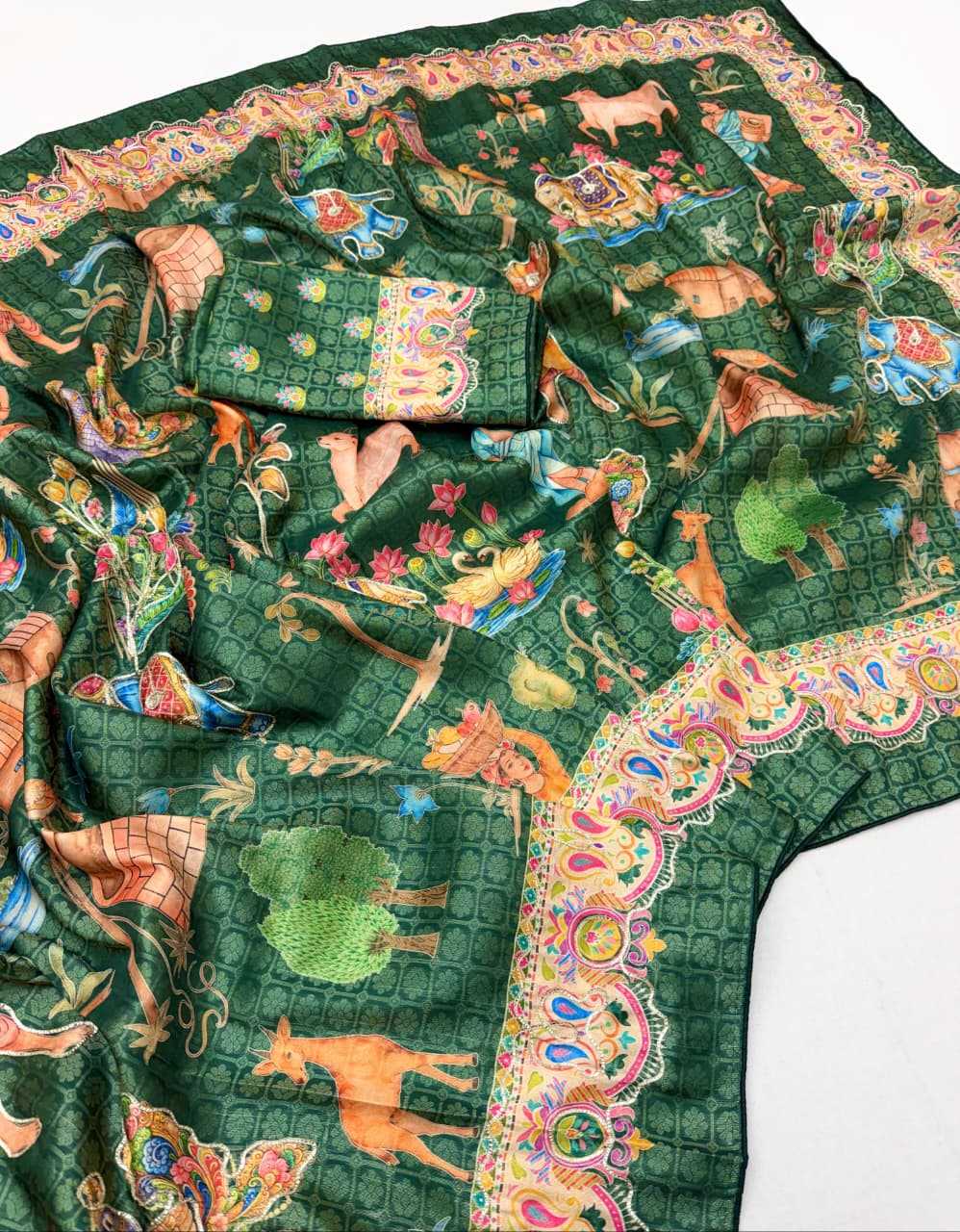 Dola Silk Printed Saree in Rama Green