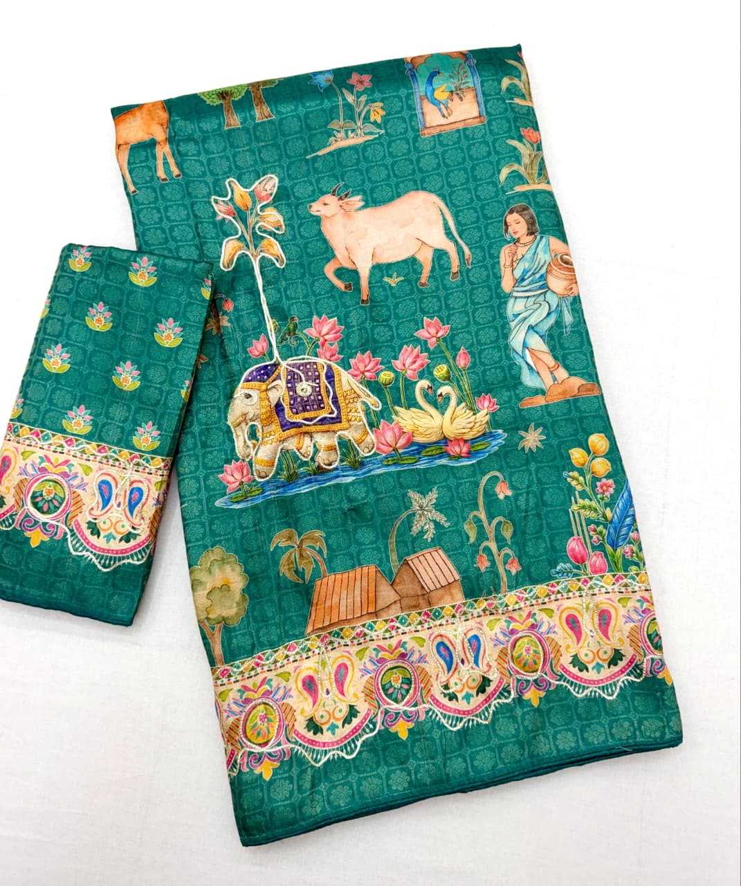 Dola Silk Printed Saree in Rama Green