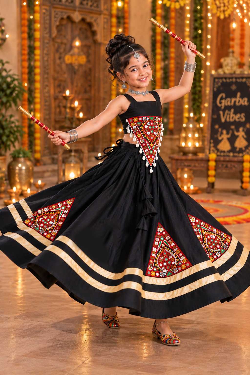 Buta Premium Roman Silk Kids Lehenga