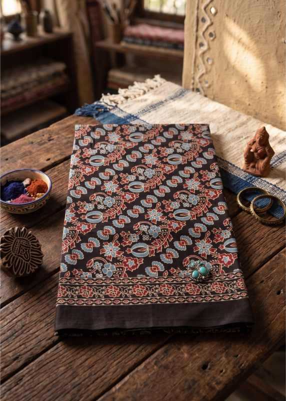 Pure Cotton Printed Saree in Brown