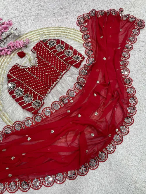 Faux Georgette Saree in Red