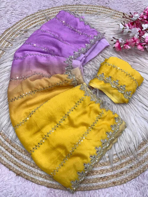 Satin Designer Saree in Lavender