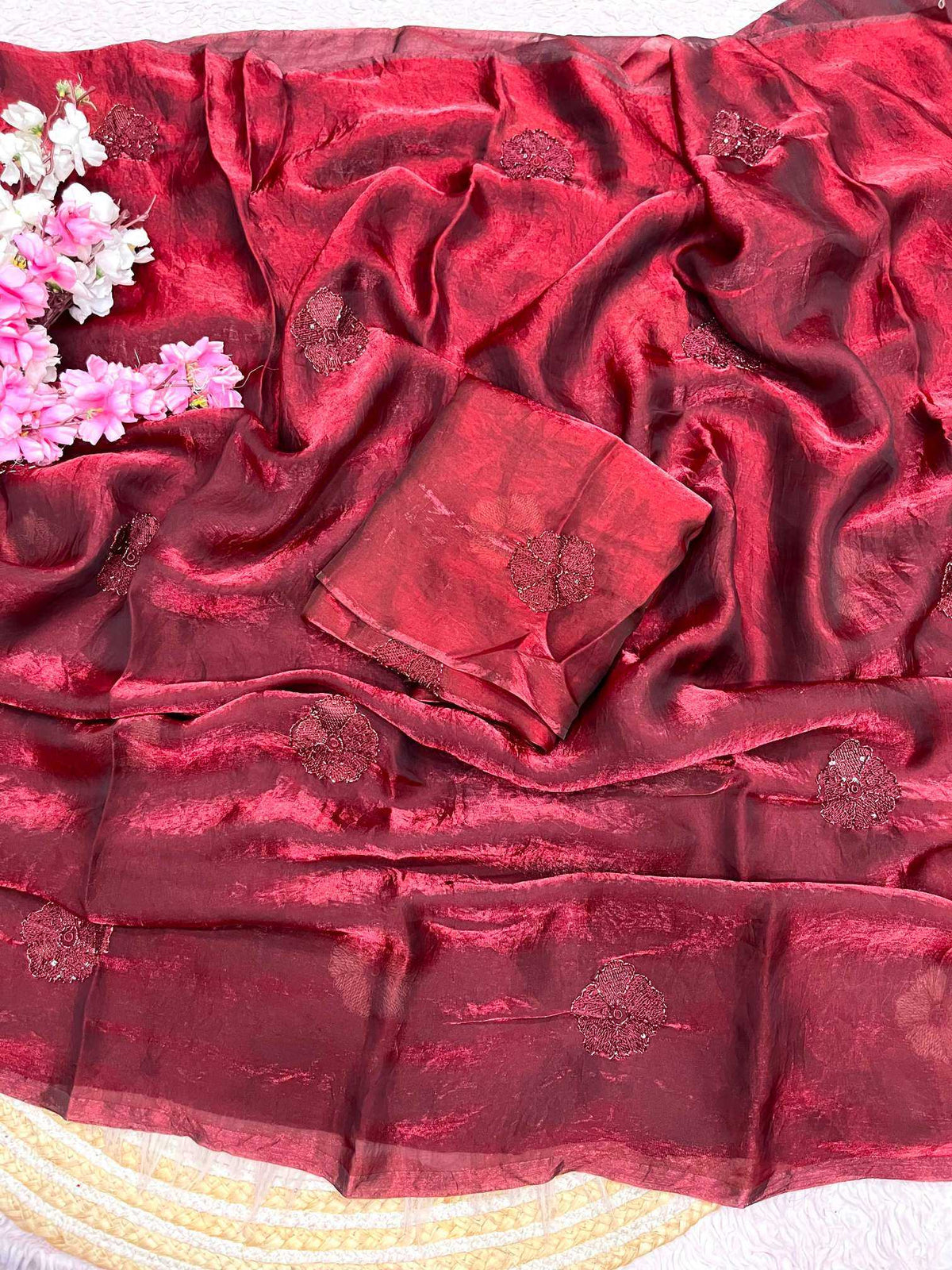 Space Silk Party Wear Saree in Rani