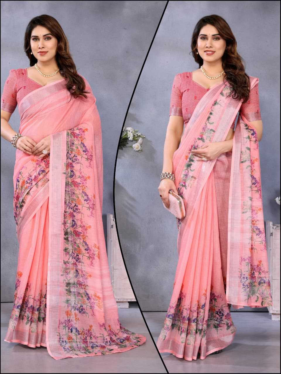 Cotton Printed Saree in Peach
