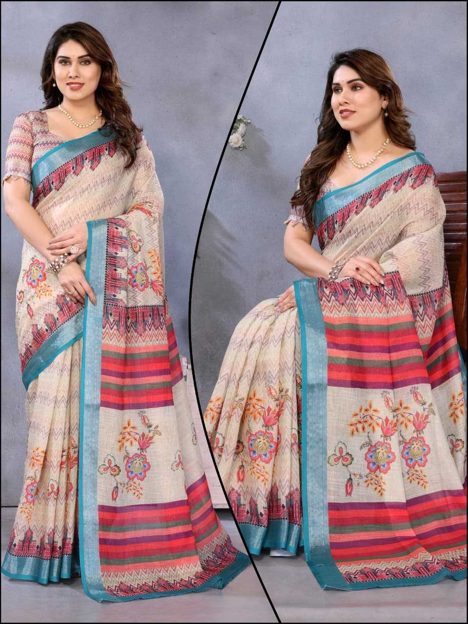 Cotton Printed Saree in Peach