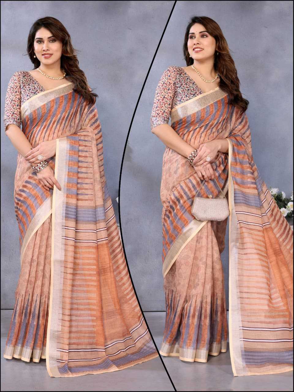 Cotton Printed Saree in Peach