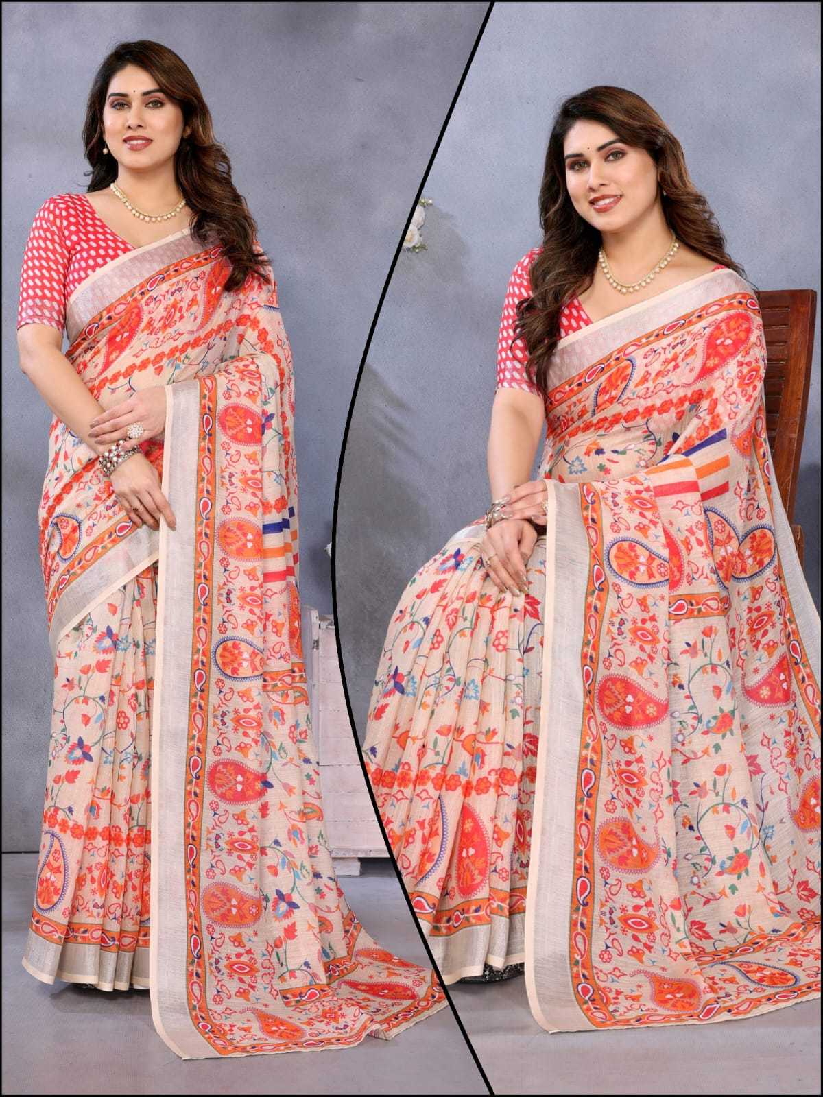 Cotton Printed Saree in Peach