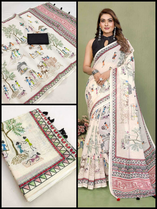 Warli-multi Cotton Printed Sarees - Style 2148