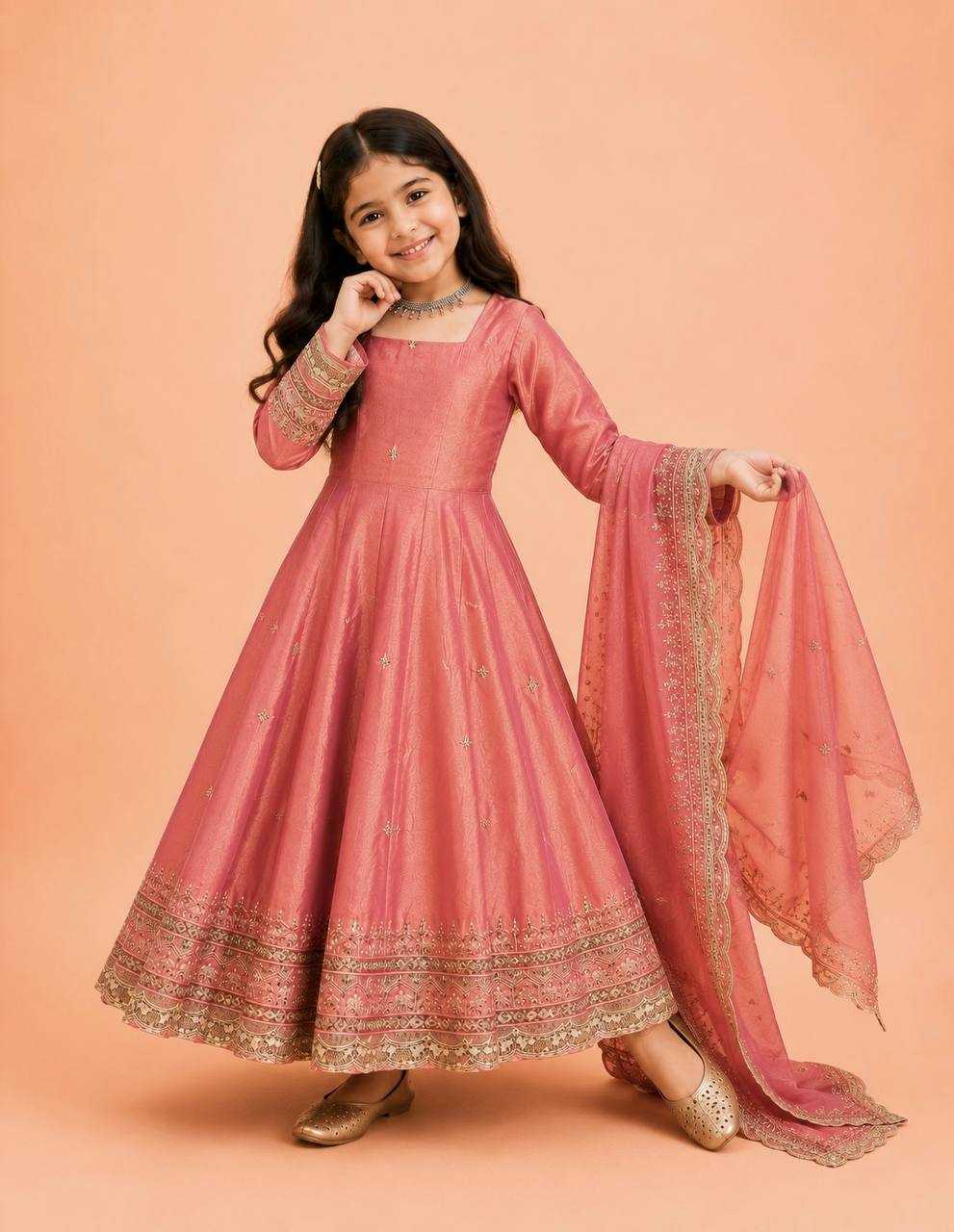 Heavy Silk Kids Gown in Peach