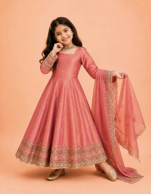 Heavy Silk Kids Gown in Peach