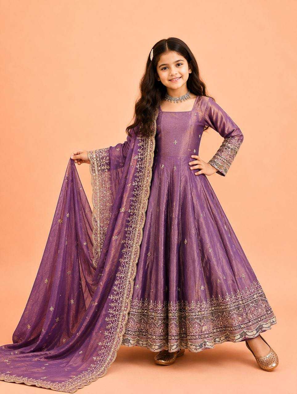 Heavy Silk Kids Gown in Peach